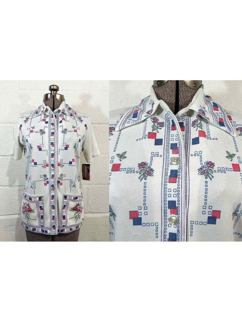 1970s Floral Shirt   Blue Roses Mod Style Medium
